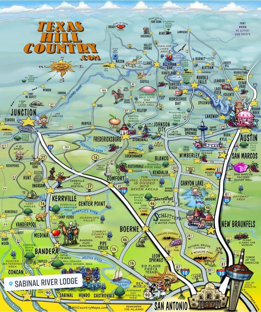 Illustrated Texas Hill Country map pinning the location of Sabinal River Lodge near Utopia, Texas
